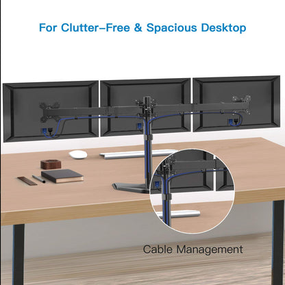 Triple monitor stand for 13" to 24" screens with cable management system.
