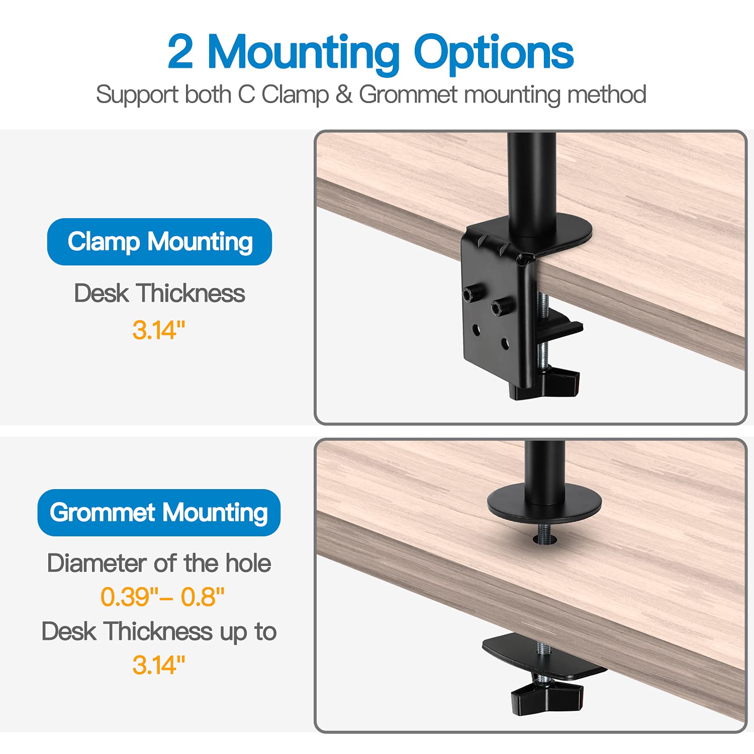C clamp and grommet mounting options for HUANUO dual monitor mount.
