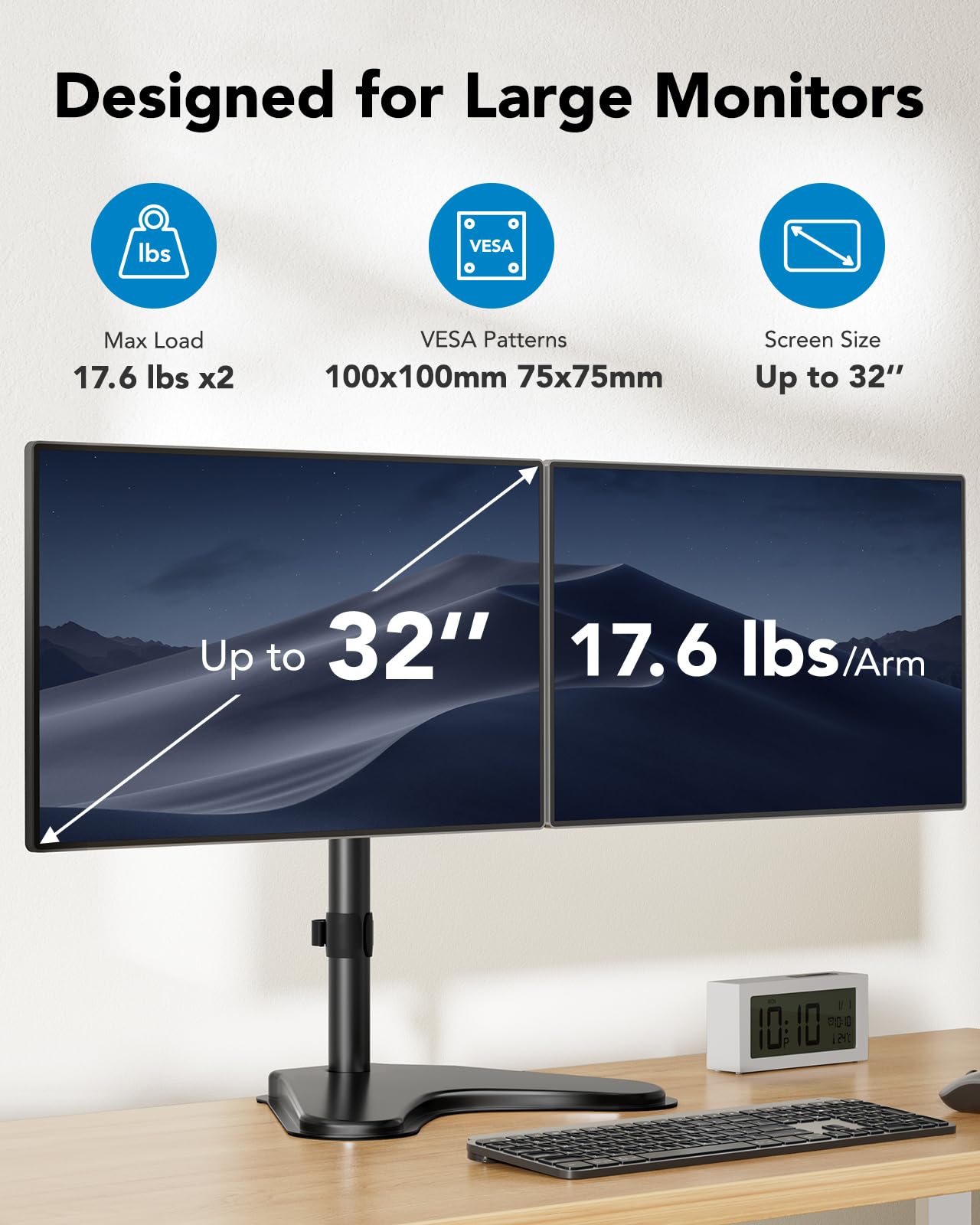 HUANUO dual monitor mount features: holds up to 32" screens, 17.6 lbs per arm.