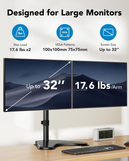 HUANUO dual monitor mount features: holds up to 32" screens, 17.6 lbs per arm.