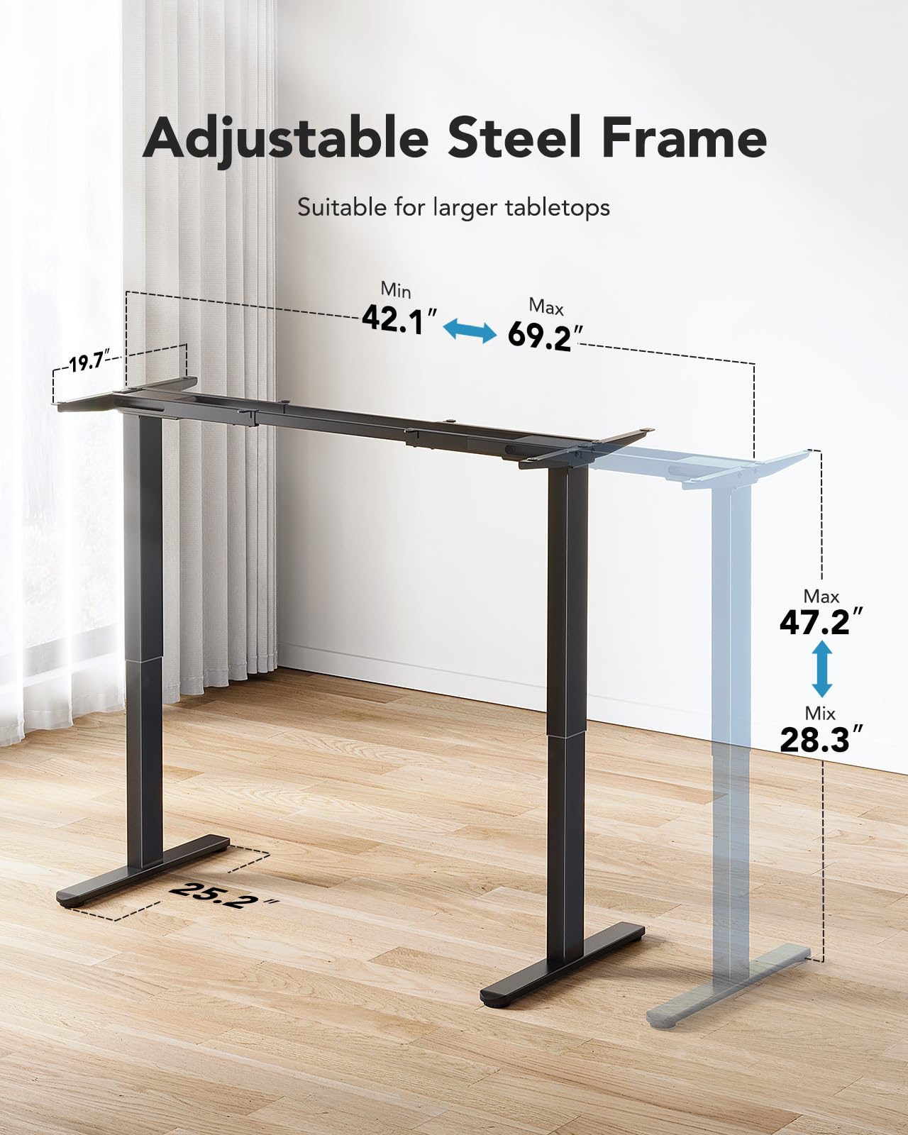 HUANUO adjustable standing desk frame dimensions with height range 28.3” to 47.2”.