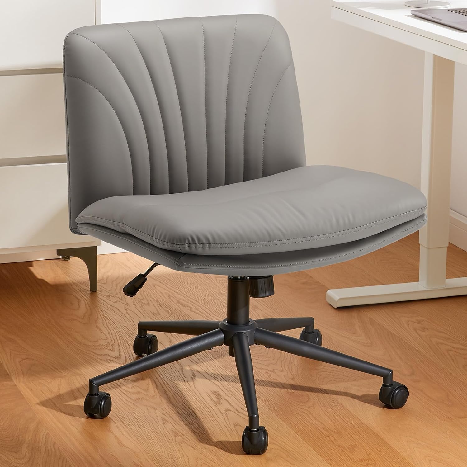 Marsail Armless-Office Desk Chair with Wheels: PU Leather Cross Legged Wide Chair,Comfortable Adjustable Swivel Computer Task Chairs for Home,Office,Make Up,Small Space,Bed Room, Grey