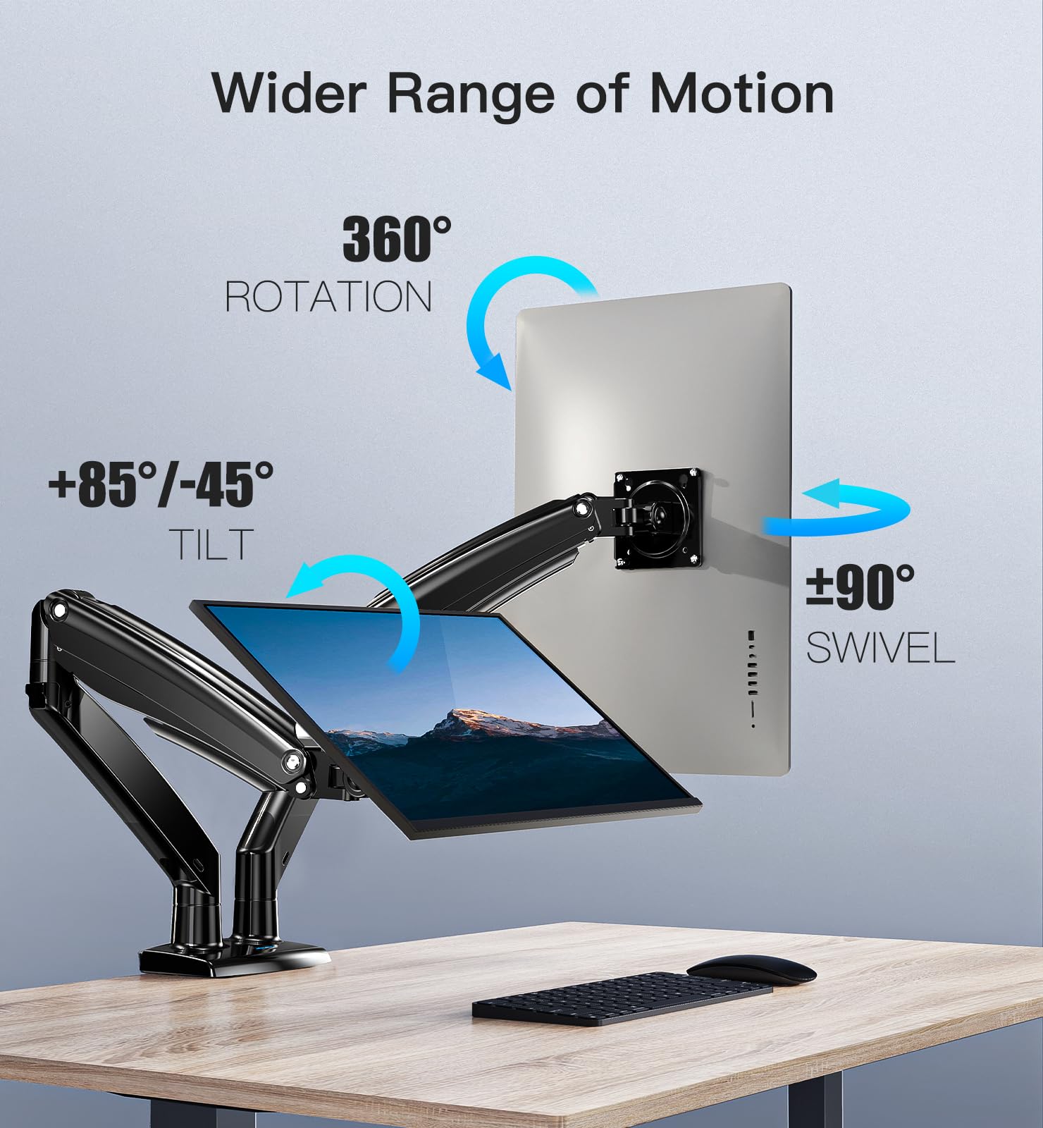 Dual monitor mount with adjustable arms demonstrating 360° rotation and tilt features
