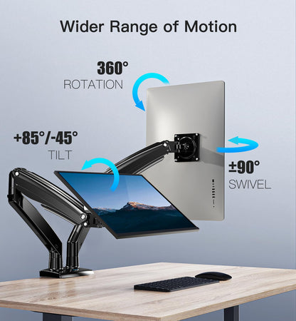 Dual monitor mount with adjustable arms demonstrating 360° rotation and tilt features