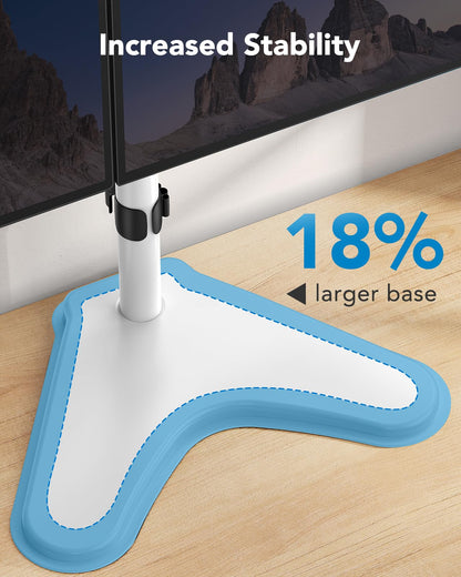 HUANUO monitor mount base highlighting increased stability and larger size.