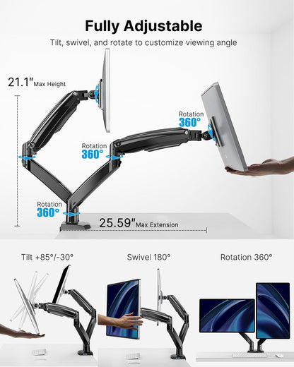 Dual monitor mount showcasing adjustable arms with height and rotation features.