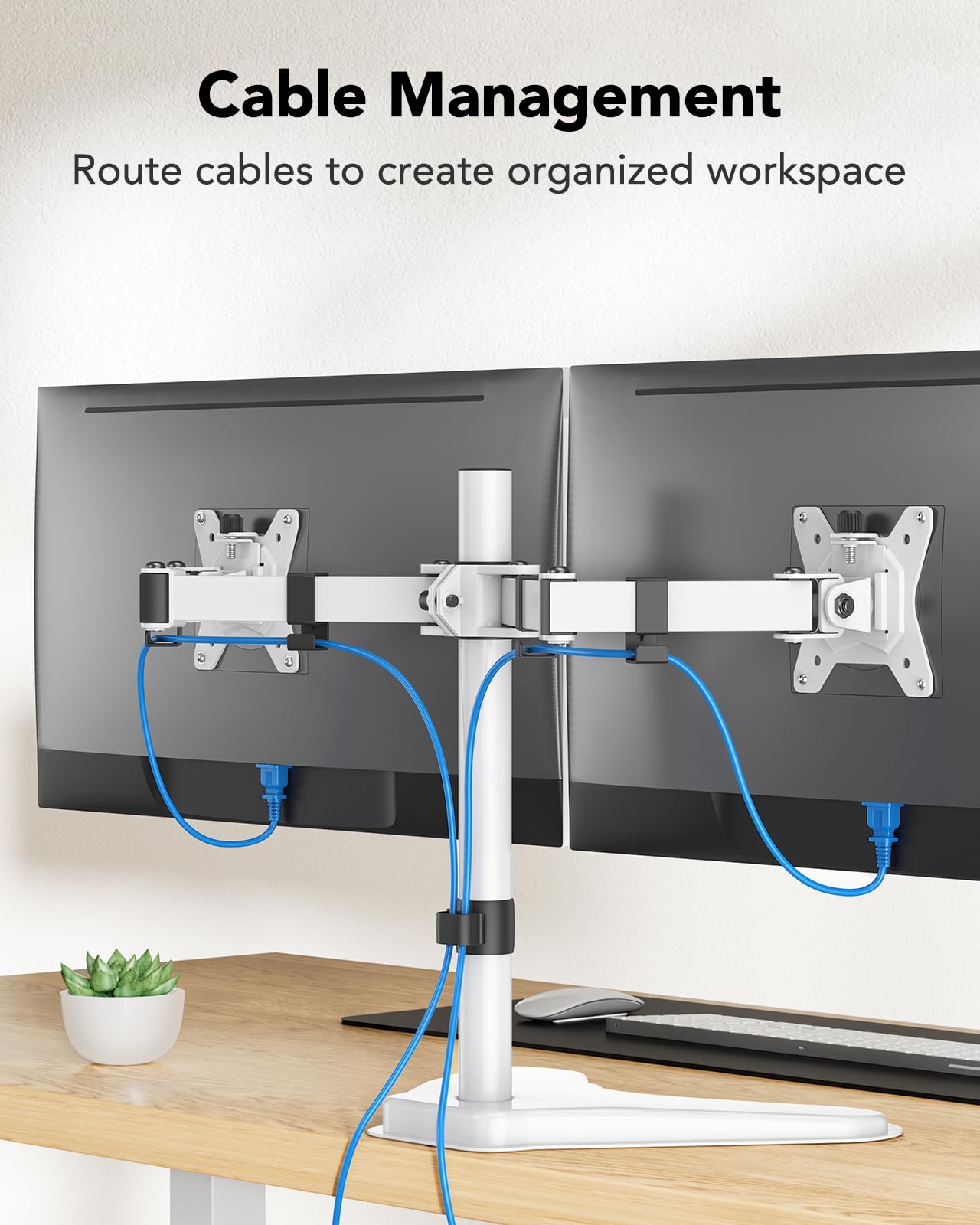 Organized cable management with HUANUO dual monitor mount for enhanced workspace efficiency.