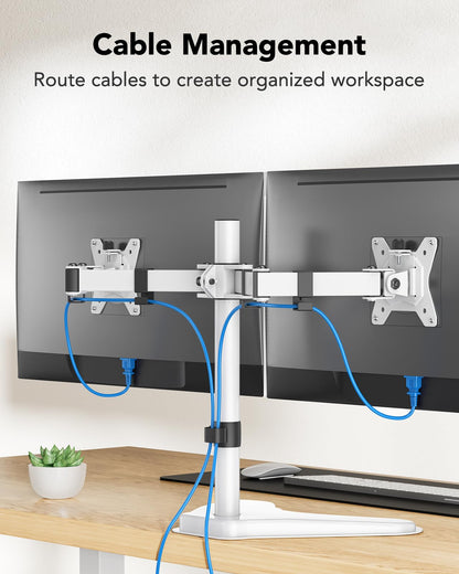 Organized cable management with HUANUO dual monitor mount for enhanced workspace efficiency.