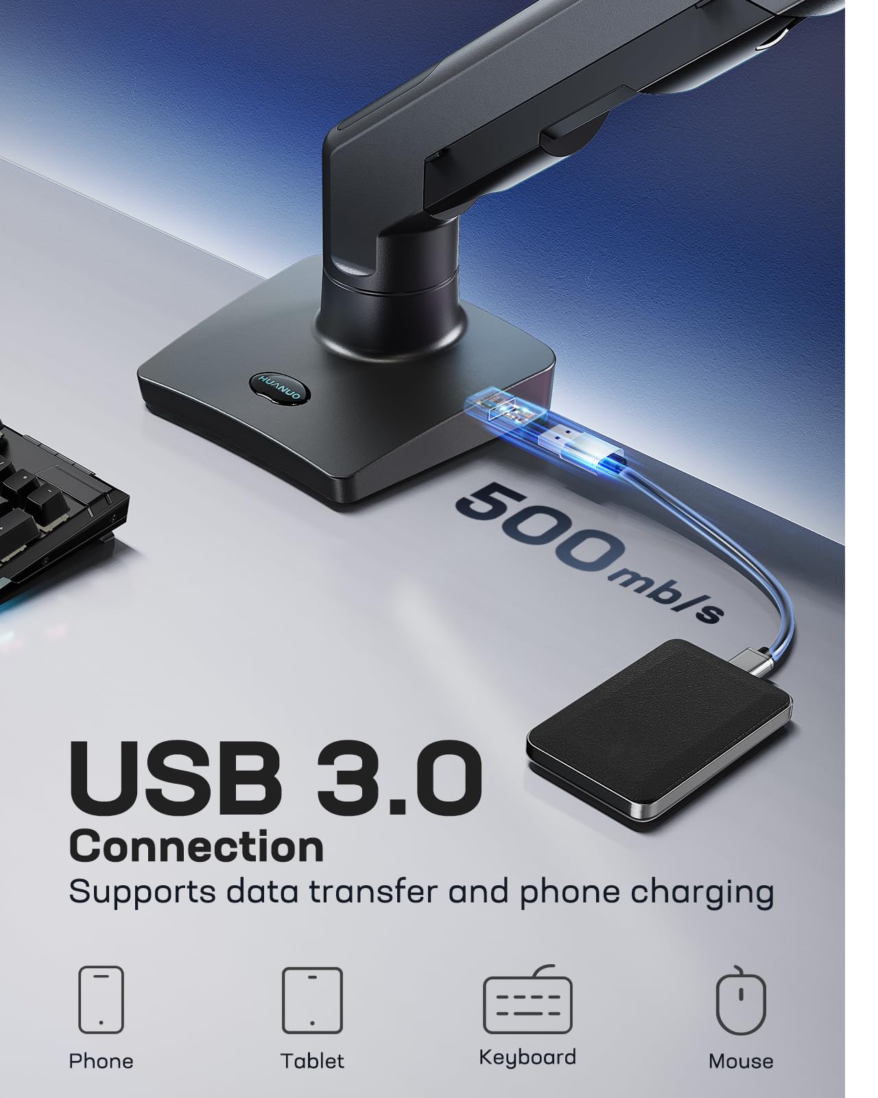 HUANUO monitor arm base with USB 3.0 connection for fast data transfer and device charging.