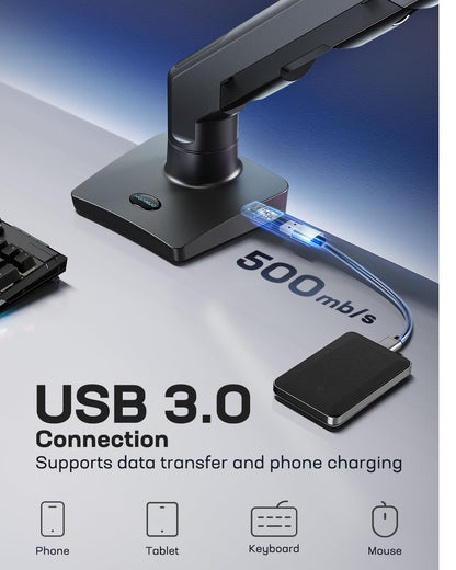 HUANUO monitor arm base with USB 3.0 connection for fast data transfer and device charging.
