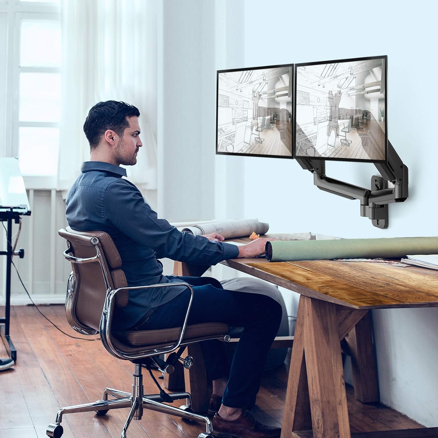 Ergonomic setup with dual monitors mounted on the wall for a workspace.