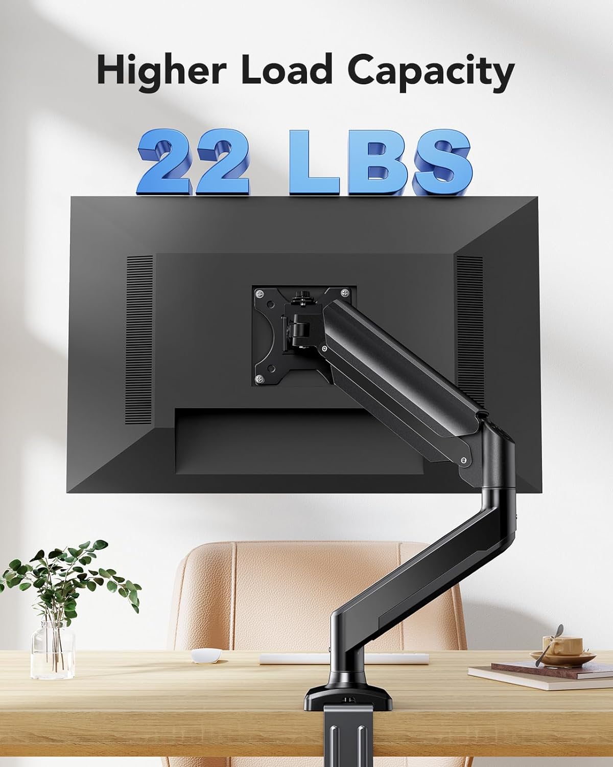 Single monitor mount arm with 22 lbs weight capacity for 13-32 inch screens.