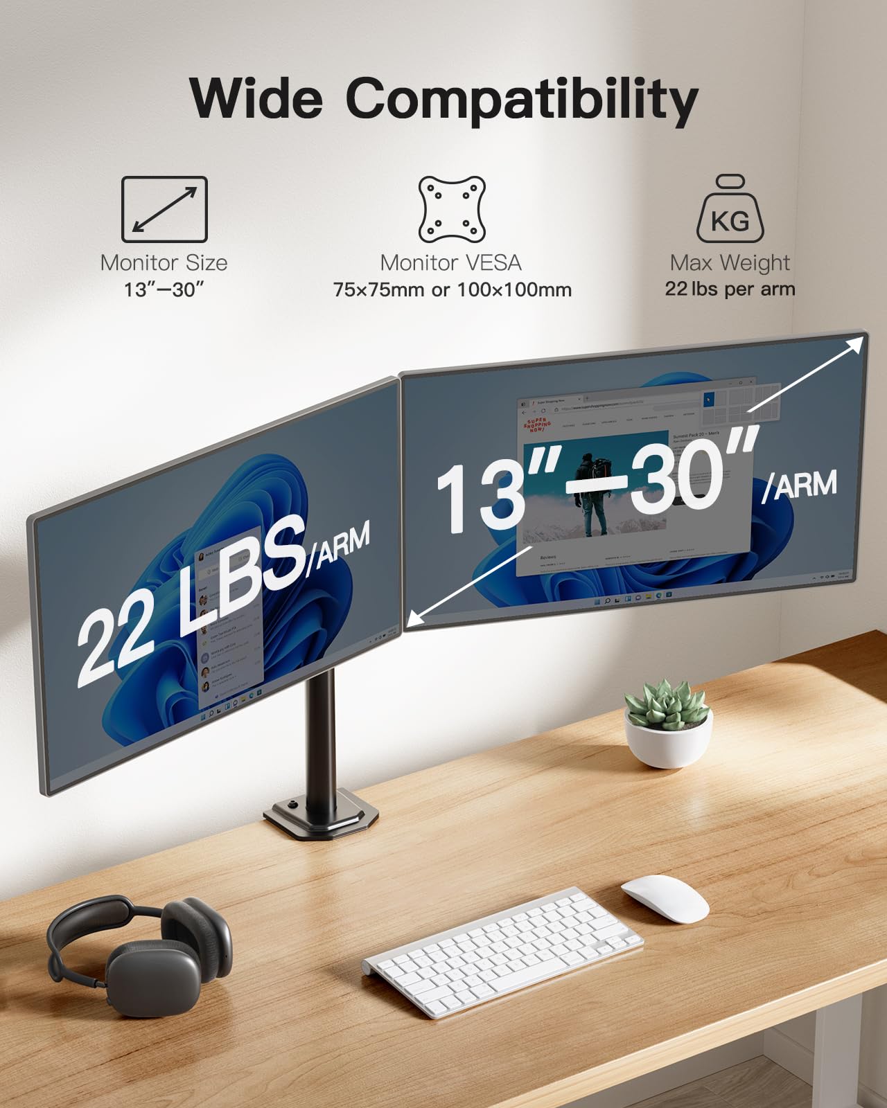Dual monitor mount compatibility showing 13-30 inch screens with 22 lbs per arm capacity.