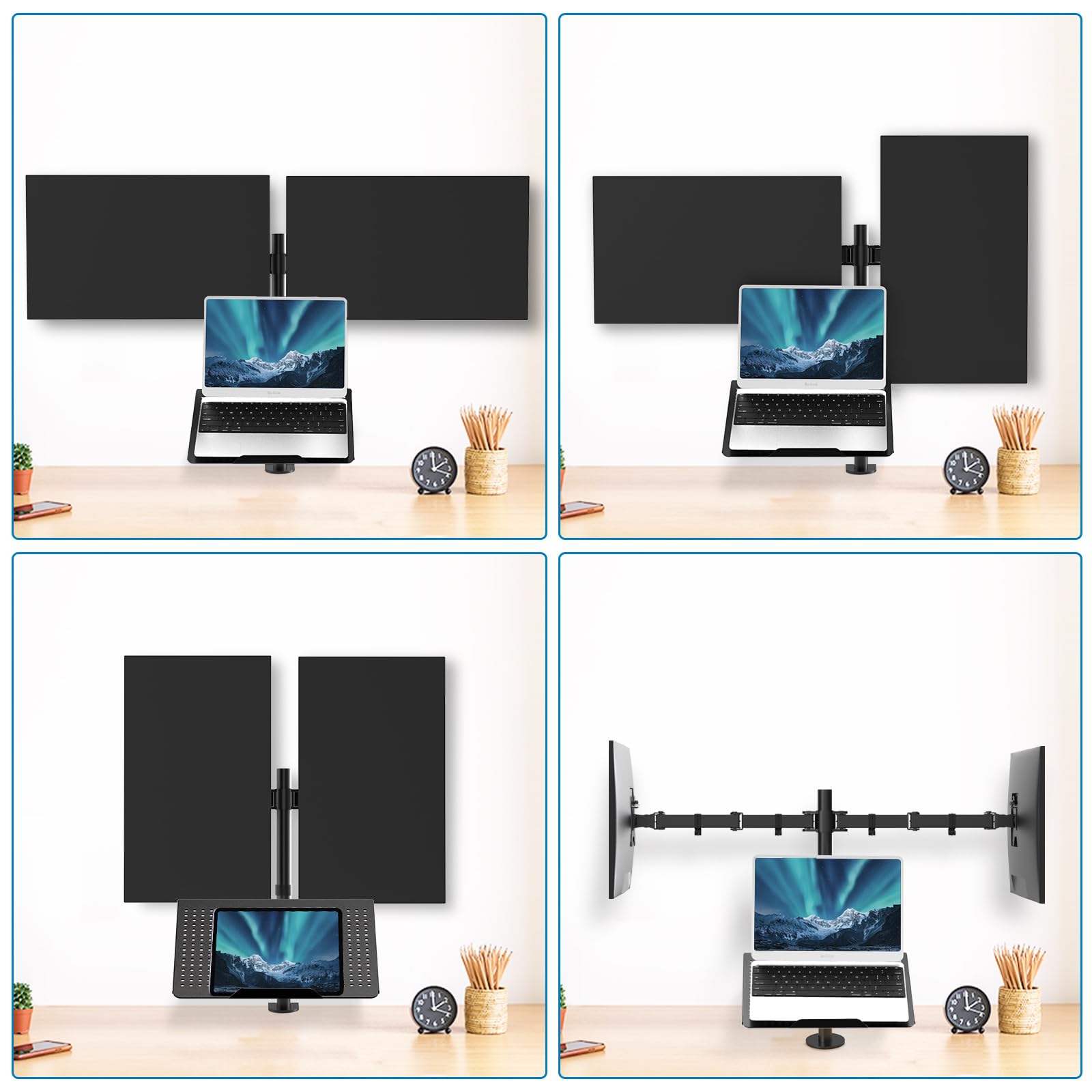Dual monitor and laptop mount showcasing adjustable arms for ergonomic workspace.
