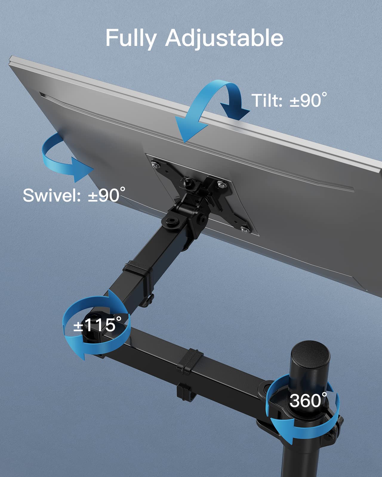 Fully adjustable monitor mount with tilt, swivel, and rotation features.