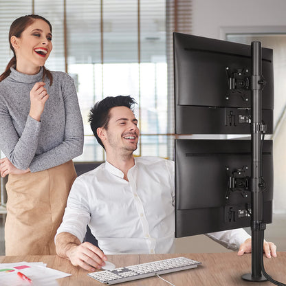Professionals using HUANUO dual monitor mount in a modern office setting.