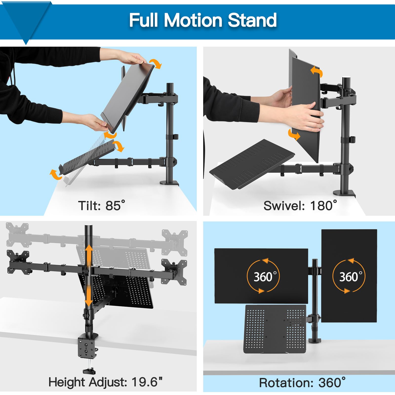 HUANUO full motion dual monitor and laptop mount showing tilt, swivel, and height adjustment