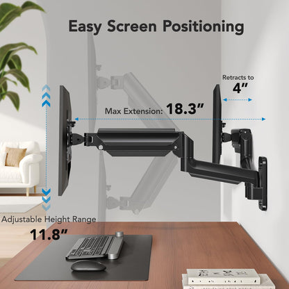 Adjustable dual monitor wall mount showing height and extension options.