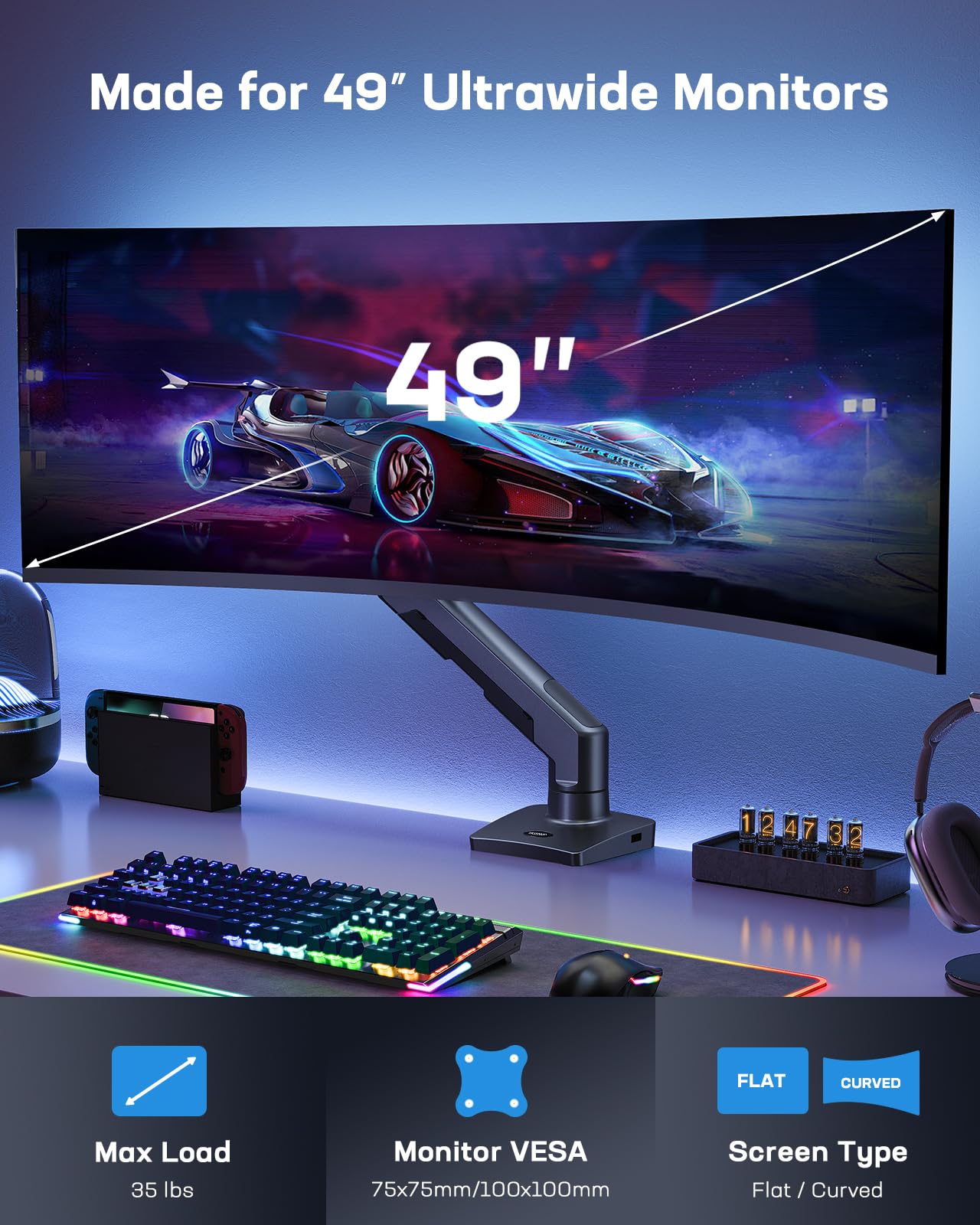 HUANUO heavy-duty monitor arm supporting 49-inch ultrawide screen with racing graphics.