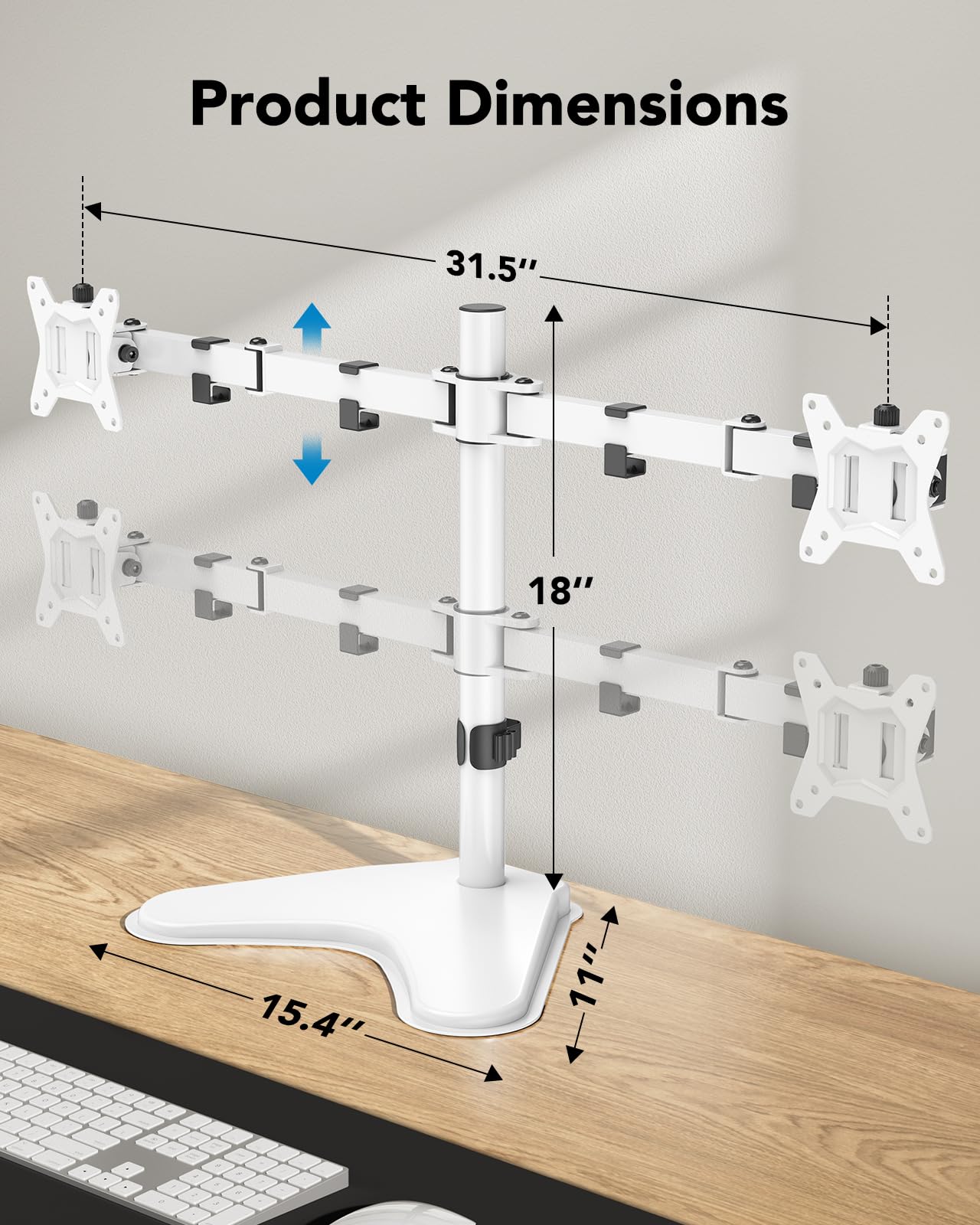 HUANUO dual monitor mount dimensions showing 31.5" width and 18" height.