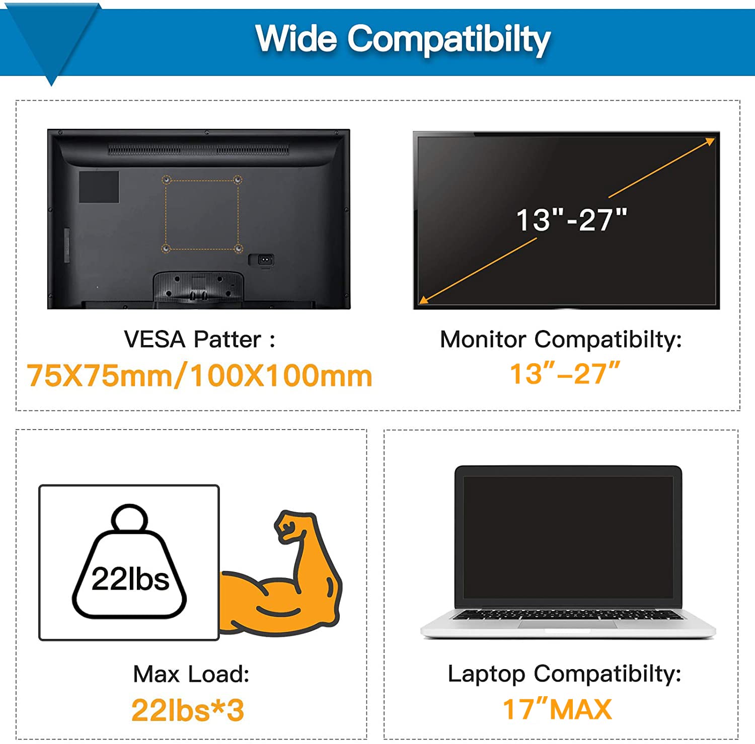 Wide compatibility specs for HUANUO dual monitor and laptop mount with VESA pattern.