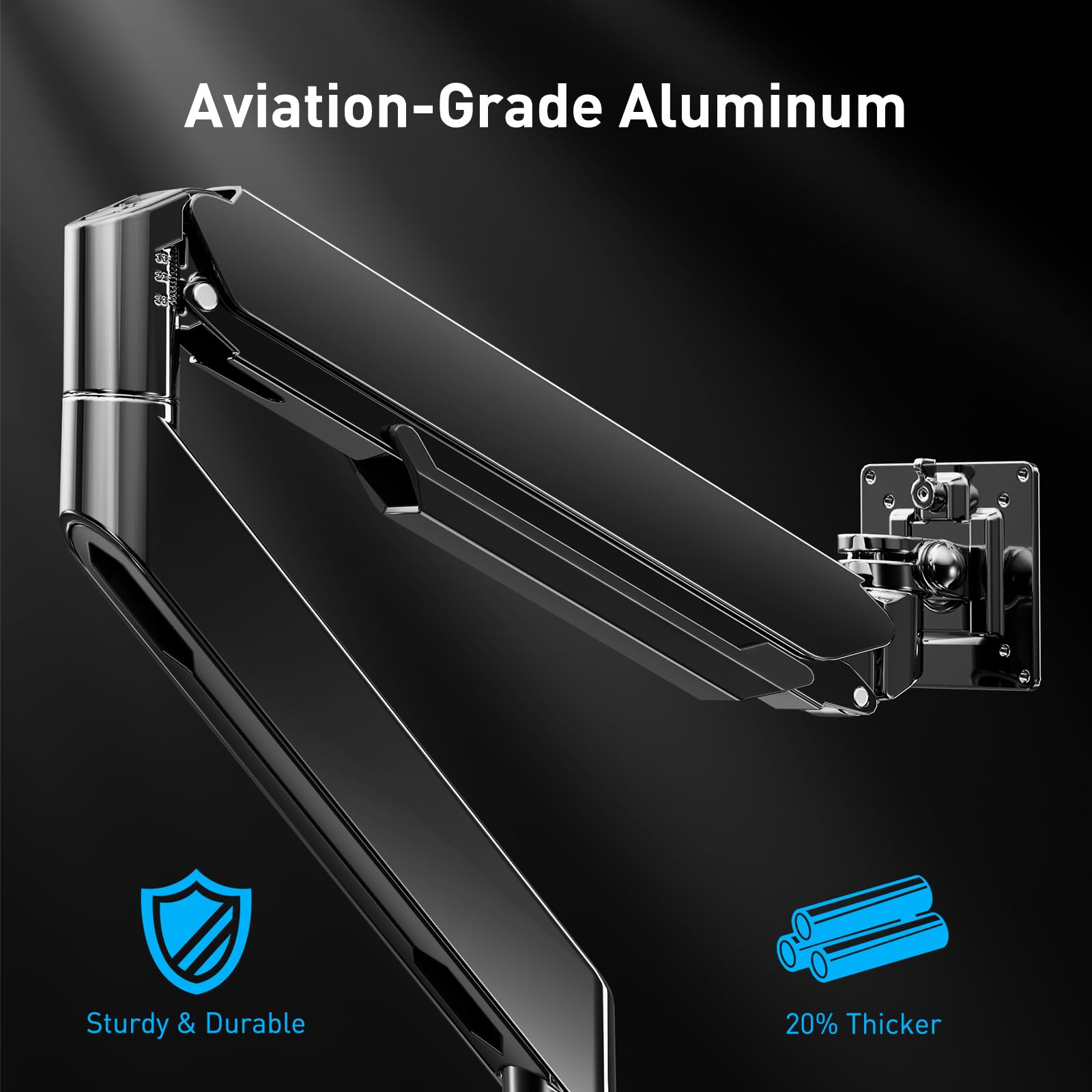 Close-up of dual monitor mount arm highlighting aviation-grade aluminum durability.