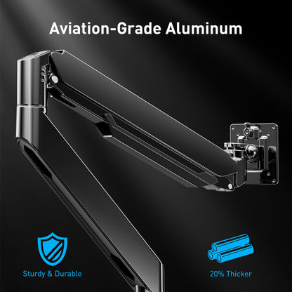Close-up of dual monitor mount arm highlighting aviation-grade aluminum durability.