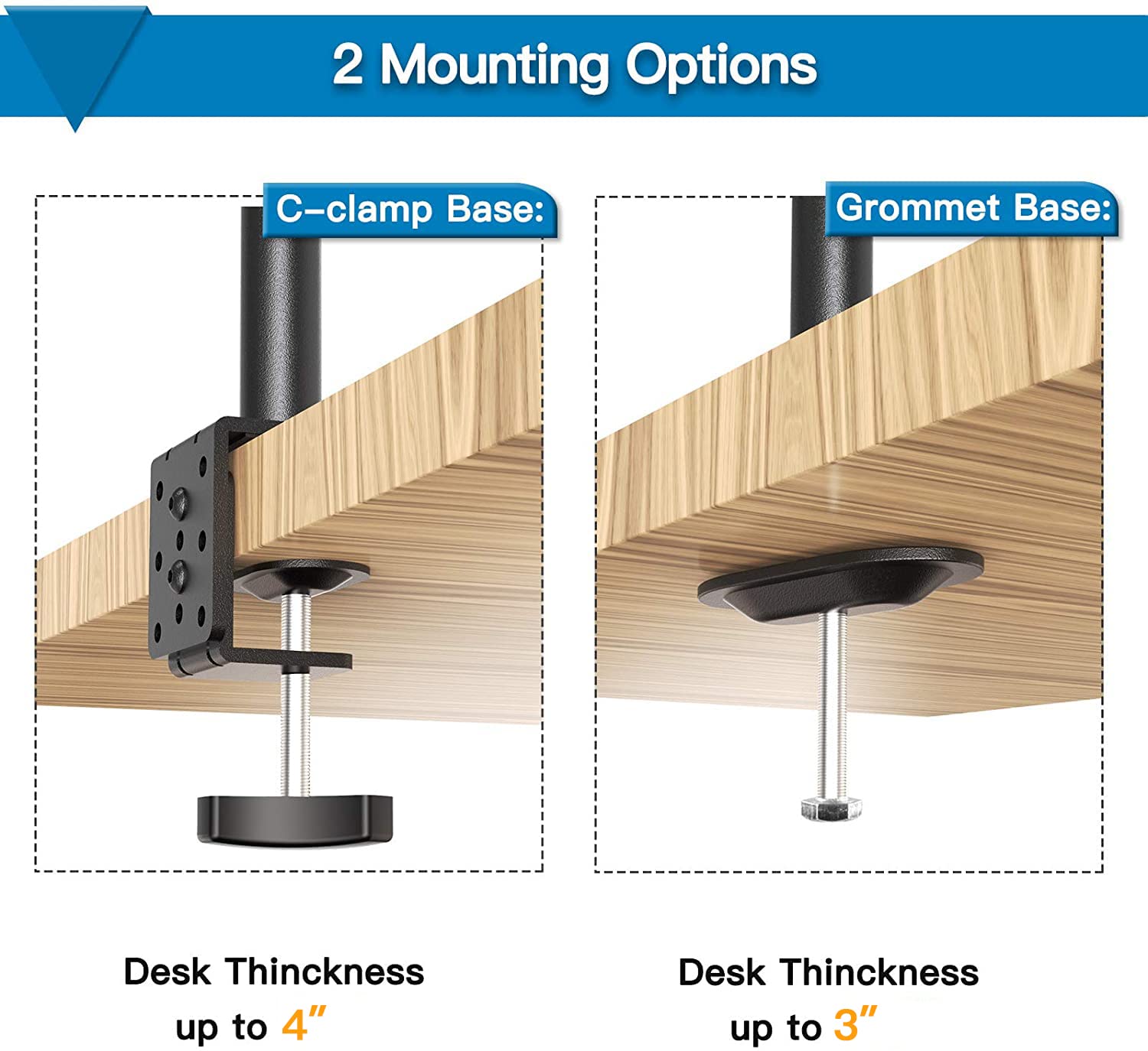 C-clamp and grommet base options for HUANUO dual monitor mount installation.