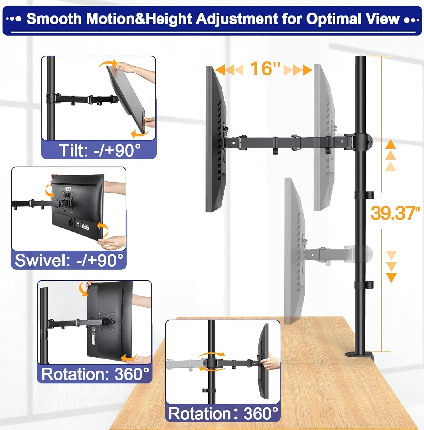 Adjustable monitor mount with smooth motion and height settings for optimal viewing.