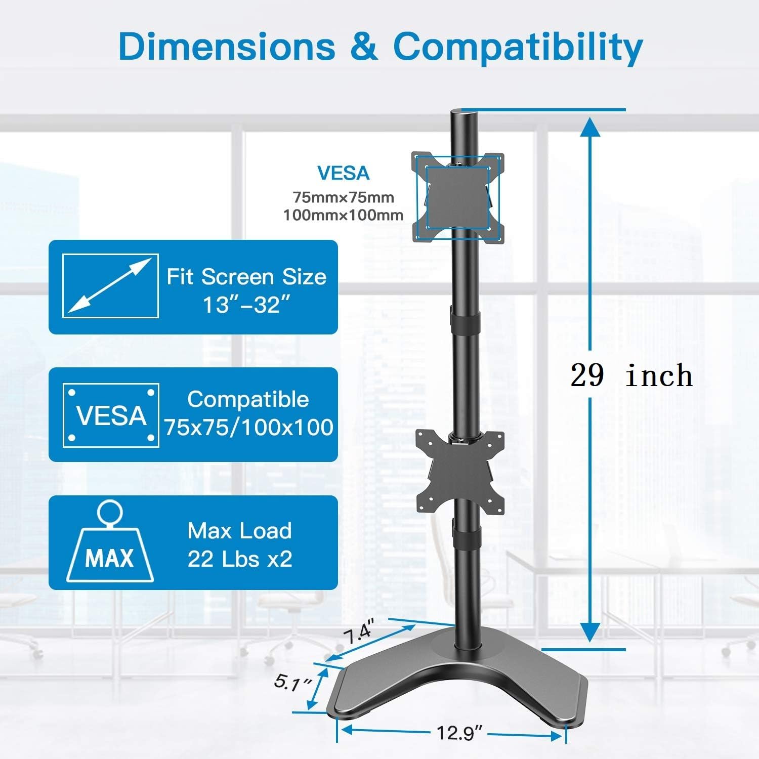 Dimensions and VESA compatibility for HUANUO dual monitor mount for 13” to 32” screens