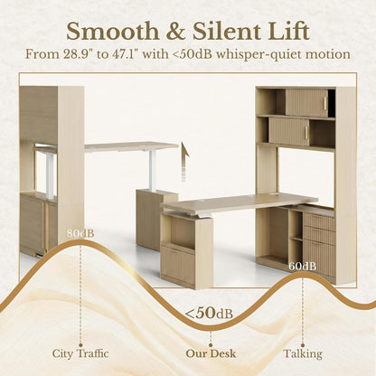 60'' L Shaped Standing Desk with Hutch, Fluted Executive Electric Desk with Drawers and File Cabinet & Power Outlets, Corner Computer Desk with Storage for Home Office, Light Walnut
