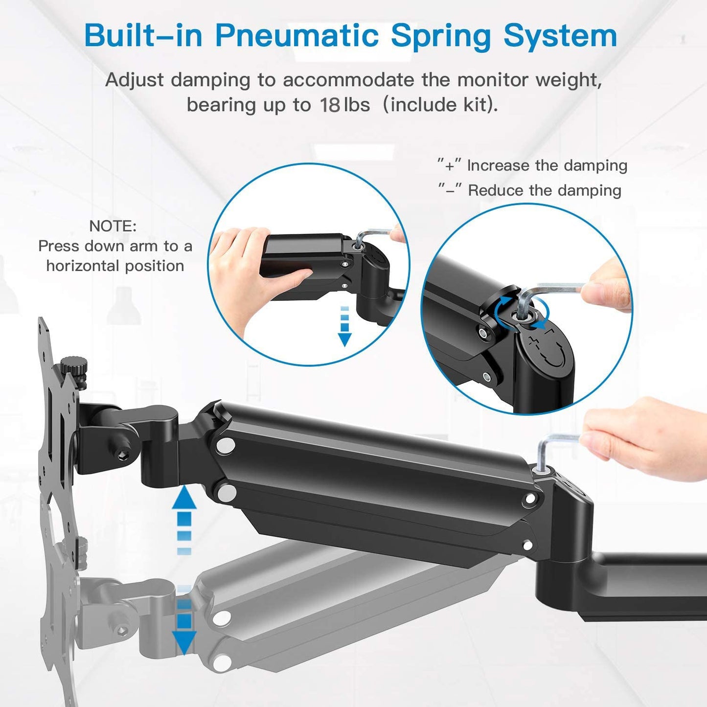 Single Monitor Wall Mount for 13 to 32 Inch Computer Screen, Monitor Wall Mount Arm Holds up to 17.6lbs, Height Adjustable Full Motion Gas Spring Wall Monitor Mount - VESA Mount 75x75,100x100