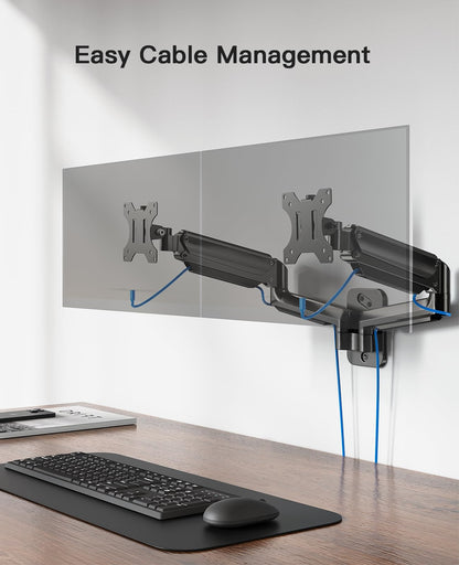 Dual monitor wall mount showcasing cable management feature in an ergonomic workspace.