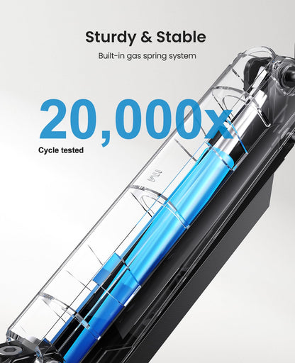 Durable gas spring monitor arm tested for 20,000 cycles, ensuring stability.