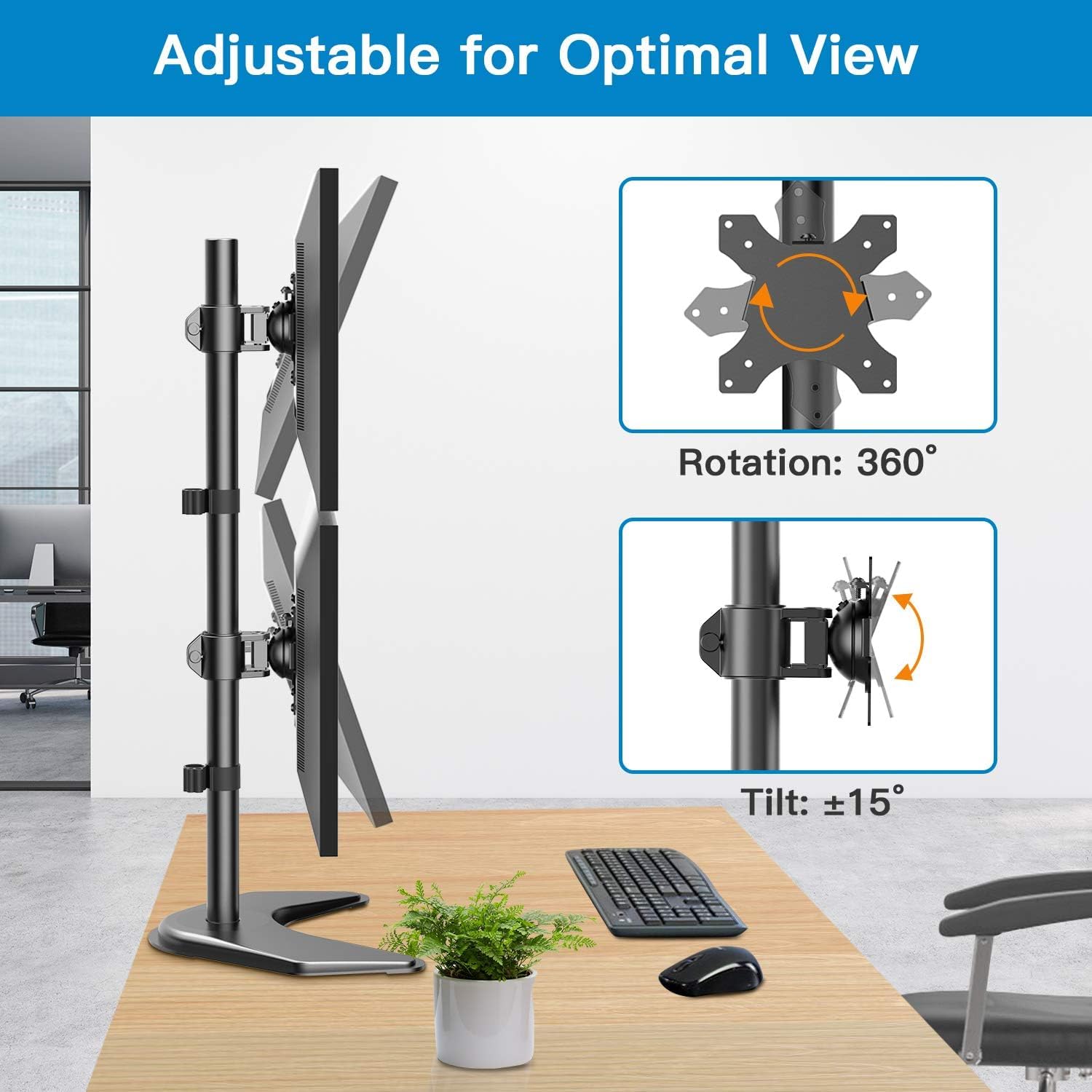HUANUO dual monitor mount showcasing 360° rotation and ±15° tilt in a stylish office