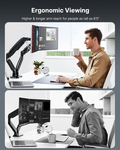 Ergonomic dual monitor setup with adjustable arms for users up to 6'5".