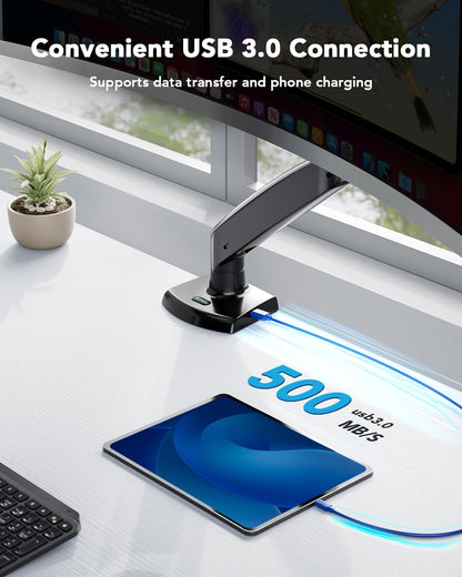 USB 3.0 connection supporting 500 MB/s data transfer on office desk with monitor mount.
