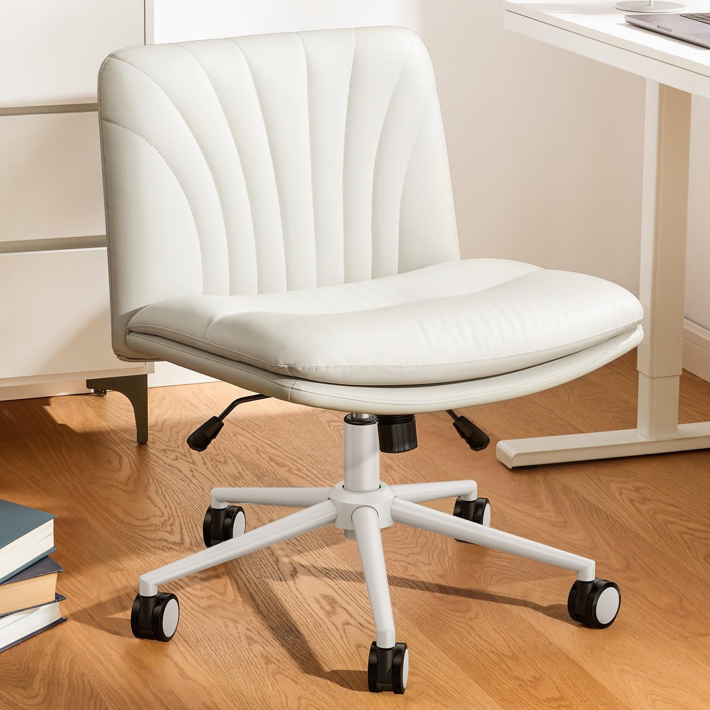 Marsail Armless-Office Desk Chair with Wheels: PU Leather Cross Legged Wide Chair,Comfortable Adjustable Swivel Computer Task Chairs for Home,Office,Make Up,Small Space,Bed Room, Grey