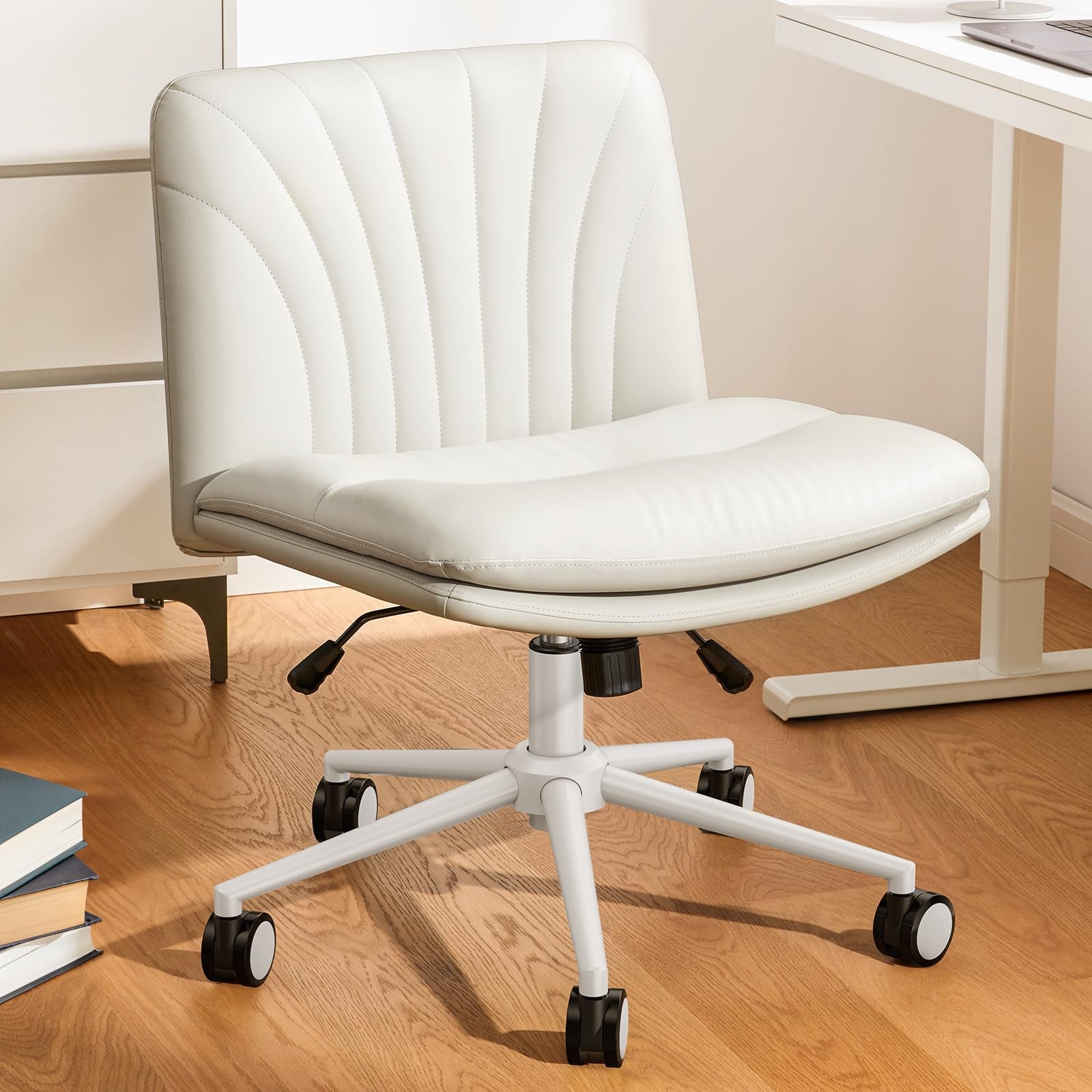 Marsail Armless-Office Desk Chair with Wheels: PU Leather Cross Legged Wide Chair,Comfortable Adjustable Swivel Computer Task Chairs for Home,Office,Make Up,Small Space,Bed Room, Grey
