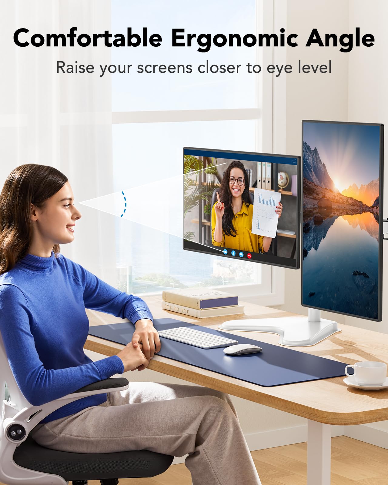 Woman using Huanuo dual monitor mount with ergonomic screens at eye level.