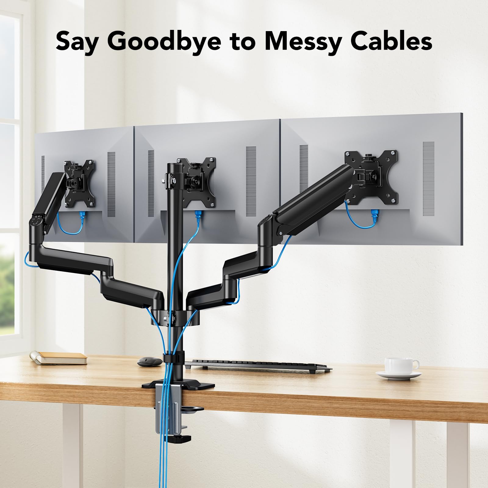 Triple monitor mount showcasing cable management with adjustable arms.