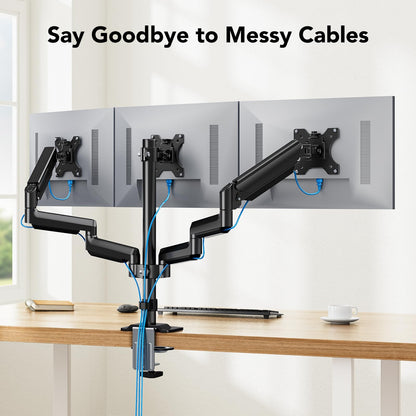 Triple monitor mount showcasing cable management with adjustable arms.