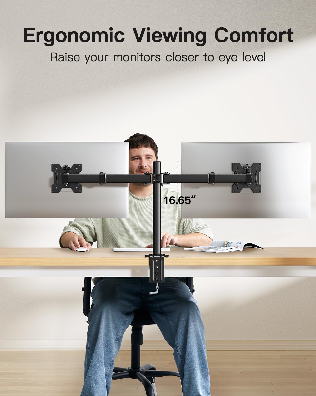 HUANUO dual monitor mount positioned to improve ergonomic viewing distance.