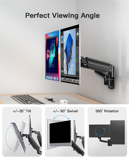 Dual monitor wall mount with adjustable tilt and swivel for ergonomic viewing angles