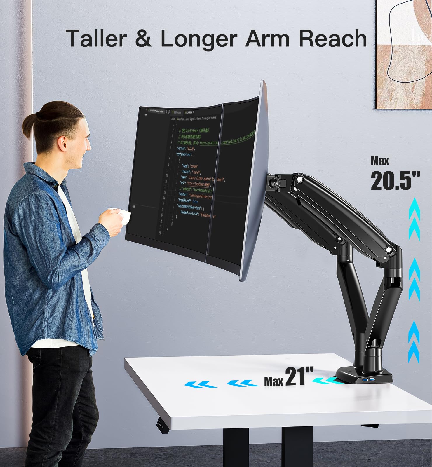 Man using HUANUO dual monitor mount with extended adjustable arm for optimal viewing