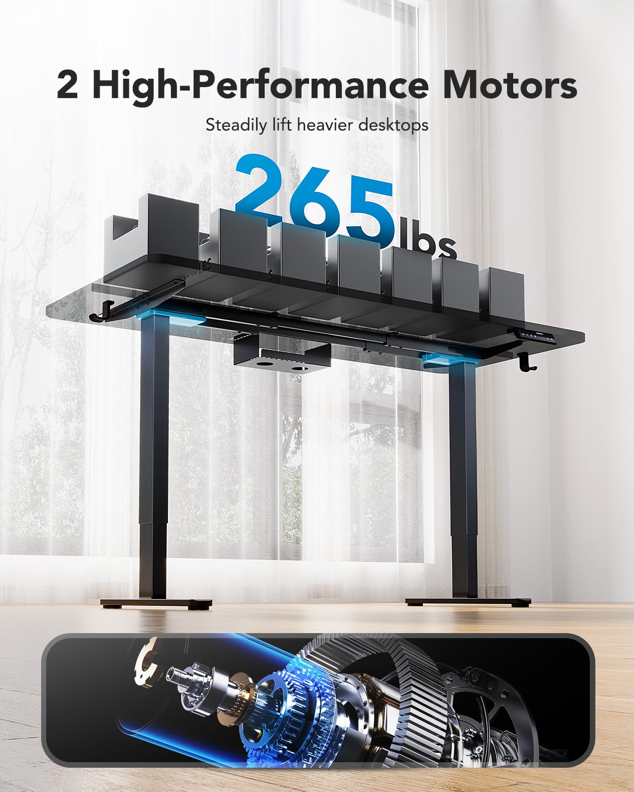 HUANUO standing desk frame with dual motors supporting 265 lbs capacity for stability.