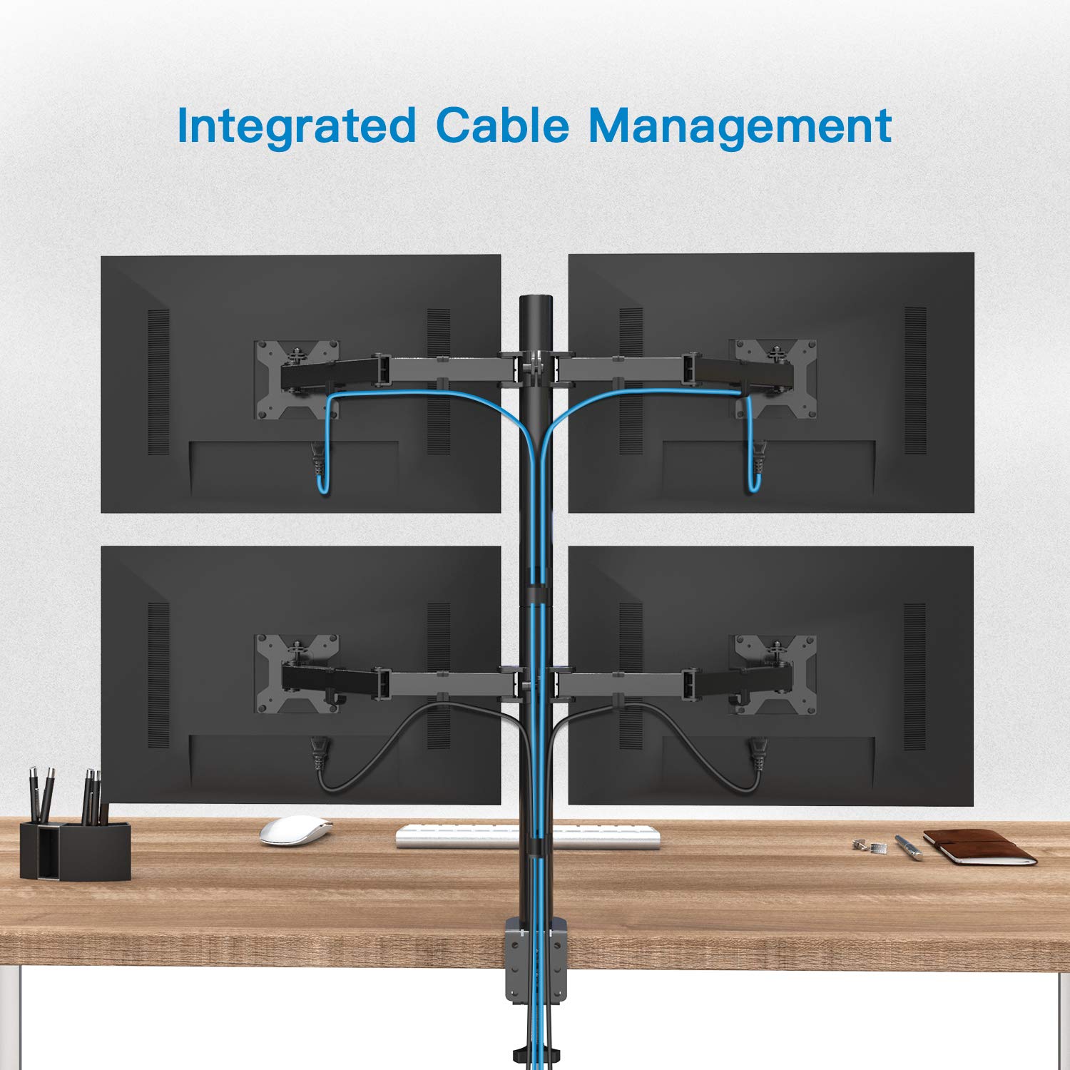 Adjustable quad monitor stand with integrated cable management and four screens.