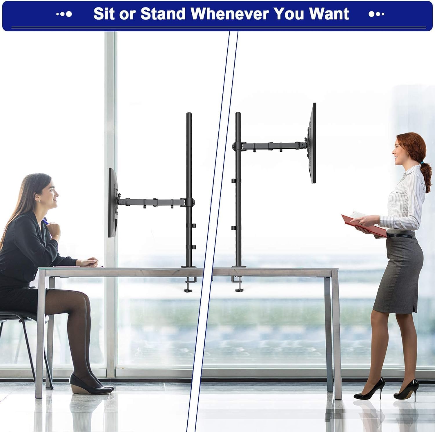 Adjustable monitor mount highlighting sit or stand ergonomic options