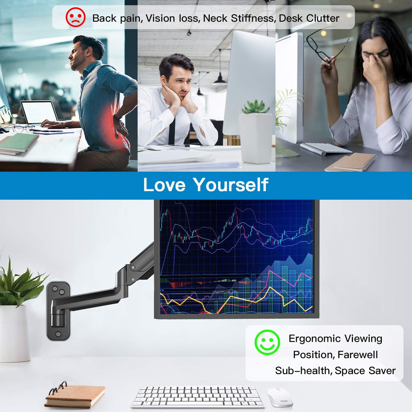 Single Monitor Wall Mount for 13 to 32 Inch Computer Screen, Monitor Wall Mount Arm Holds up to 17.6lbs, Height Adjustable Full Motion Gas Spring Wall Monitor Mount - VESA Mount 75x75,100x100