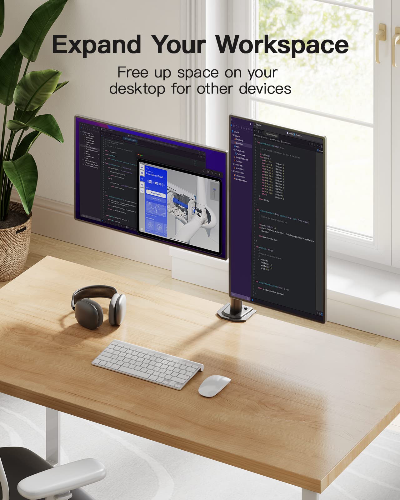 Dual monitor mount maximizing desk space with 30-inch screens, enhancing ergonomic setup.